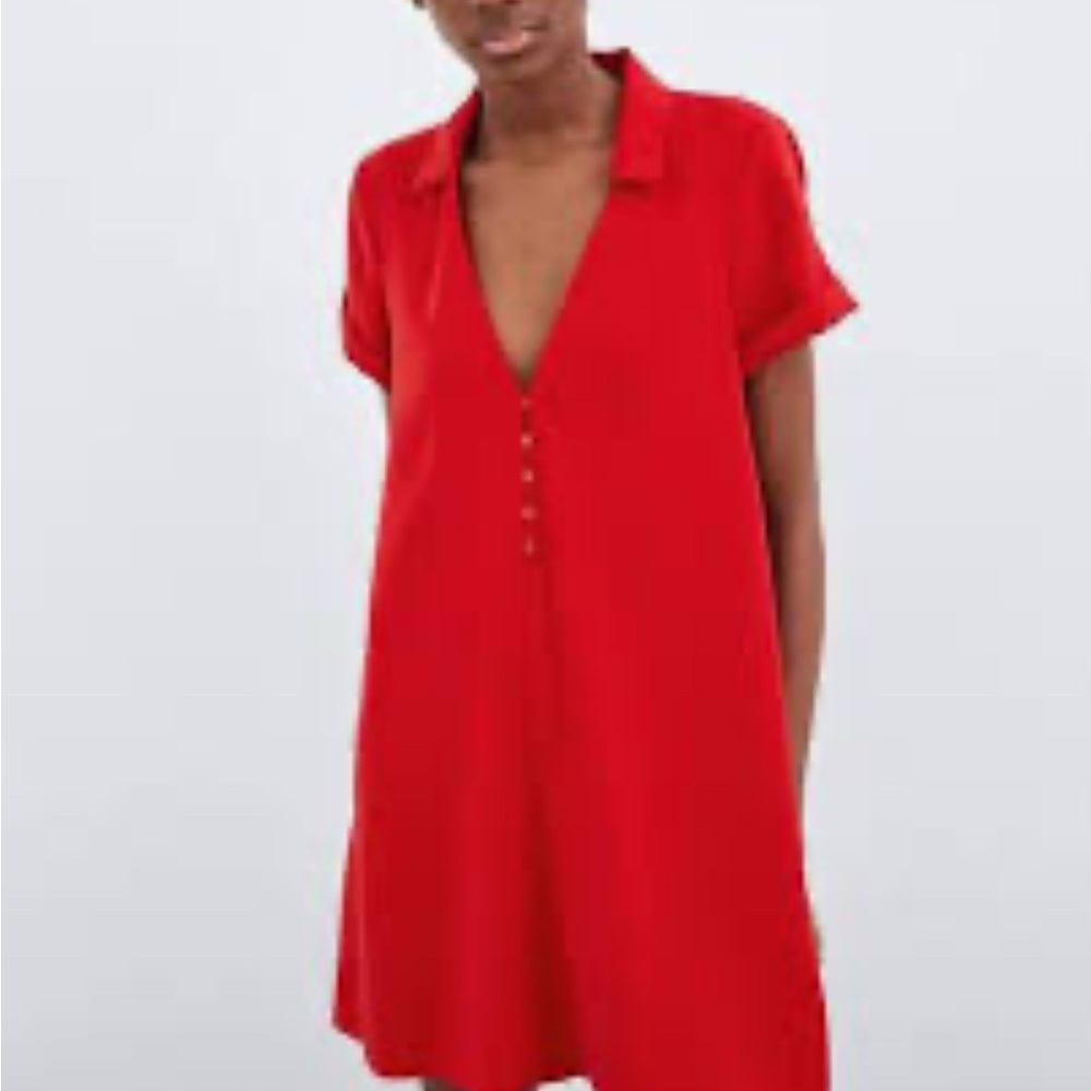 Zara Dress Shift Swing Mini Plunge Collared Split Neckline Buttons Cuffed Red